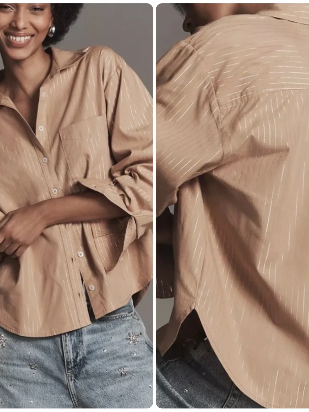 Anthropologie Maeve The Shrunken Bennet Lurex Stripe Buttondown Shirt Camel